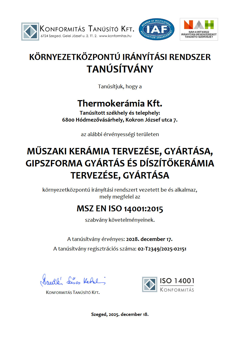 ISO 14001 tanúsítvány